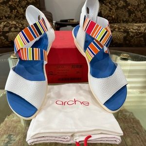 New in Box Arche White leather sandal with multi colored straps